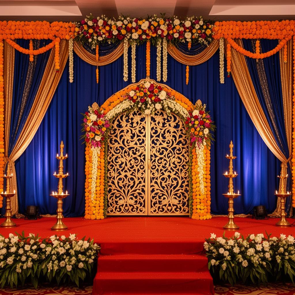 Bengali wedding stage decoration with marigolds and brass lamps