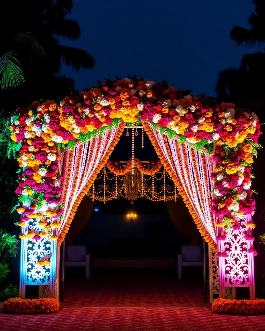 Floral wedding gate with marigolds at dusk
