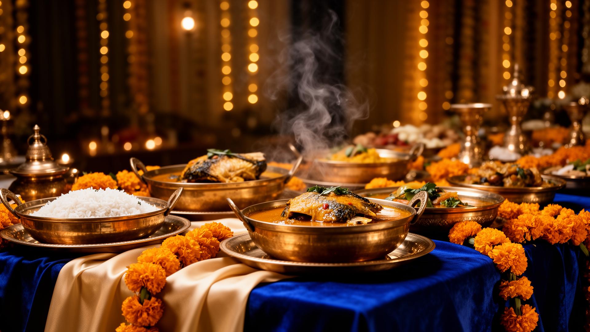 Bengali wedding catering buffet with brass utensils and marigold garlands